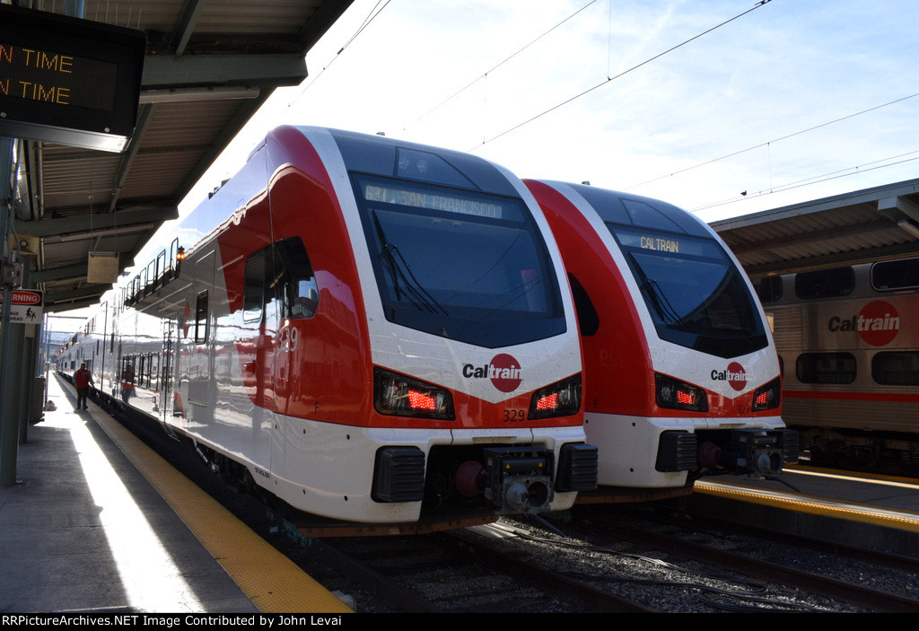 Two Caltrain sets at SF Terminal